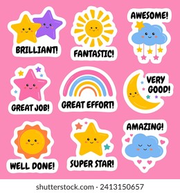 Kid's reward stickers collection with rainbows, stars, sunny, clouds. Award, encouraging, labels for motivation of success, excellent homework. School education reward for children. Good job, great.