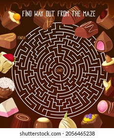 Kids riddle labyrinth maze with chocolate truffle, roasted nuts candy, praline sweets. Vector round labyrinth with confectionery. Find correct way out of the maze boardgame task with tangled path