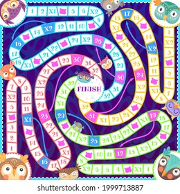 Kids riddle maze board game owls and owlets birds. Vector boardgame puzzle with cute cartoon characters on block numbered path, arrows, start and finish. Test for baby leisure, children activity task