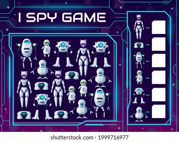 Kids riddle I spy game with cartoon robots and droids or robotic bots, vector find and match tabletop puzzle. Kids tabletop guess riddle board game with AI aliens, chatbots and android cyborgs