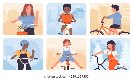 Kids ride bicycles set vector illustration. Cartoon front and side view of boy and girl riding bike in park, cute little cyclist characters in safety helmet training outdoor, active students travel