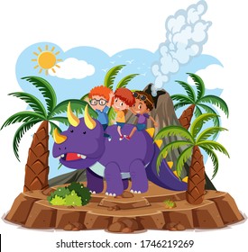 Kids ride cute dinosaur with volcano eruption isolated on white background illustration