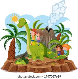 Kids ride cute dinosaur with volcano eruption isolated on white background illustration