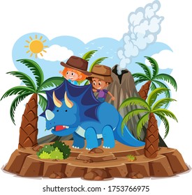 Kids ride cute dinosaur with volcano eruption isolated on white background illustration