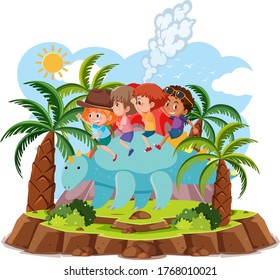 Kids ride cute dinosaur with volcano eruption isolated on white background illustration