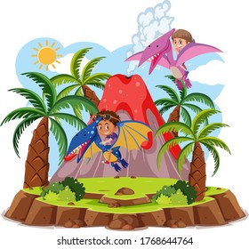 Kids ride cute dinosaur with volcano eruption isolated on white background illustration