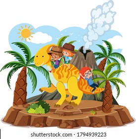 Kids ride cute dinosaur with volcano eruption isolated on white background illustration