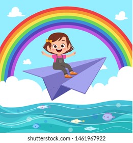 kids ride paper plane vector illustration