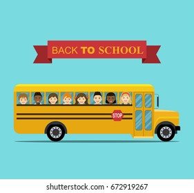 Kids ride to school.  School  bus with Smiling Faces in Windows. Vector flat illustration