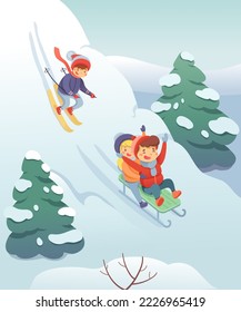 Kids ride sled, slide and ski in winter mountain vector illustration. Cartoon happy child skiing, fun activity and leisure of girl and boy playing with sleigh on hill background. Season, sport concept