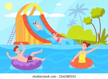 Kids ride waterslide. Boy girl sliding on aquapark tube inflatable slide or boat, extreme water rides child play pool splash children fun recreation, splendid vector illustration