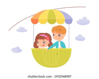 Kids riding in amusement park ferris wheel. Happy children standing in cart moving in air vector illustration. Boy and girl having fun in summer carnival or fair on white background.