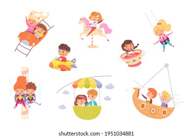 Kids riding in amusement park set. Happy children on carousel, ferris wheel, rollercoaster, ship, swing vector illustration. Boys and girls having fun in summer carnival or fair.