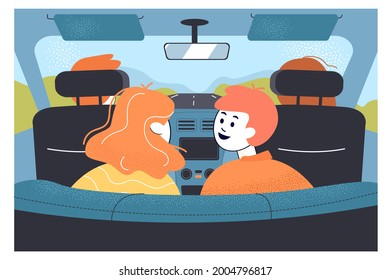 Kids Riding In The Back Of The Car During Roadtrip. Boy, Girl And Parents Going On Journey, Auto Interior Flat Vector Illustration. Traveling, Family Concept For Banner, Website Design Or Landing Page