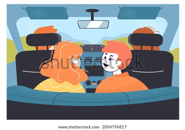 Kids riding in the back of the car during roadtrip.\
Boy, girl and parents going on journey, auto interior flat vector\
illustration. Traveling, family concept for banner, website design\
or landing page