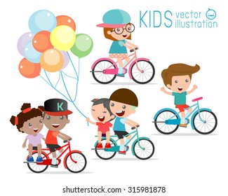 Kids Riding Bikes,  Child Riding Bike, Kids On Bicycle Vector On White Background,Illustration Of A Group Of Kids Biking On A White Background.