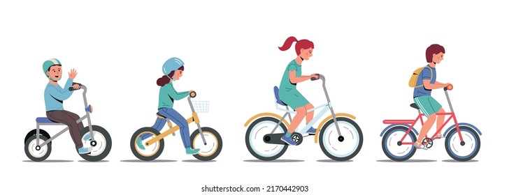 Kids Riding Bikes. Illustration Of A Group Of Kids Biking On Bicycles.
Vector Boys And Girls Isolated On White Background. Children's Activity.