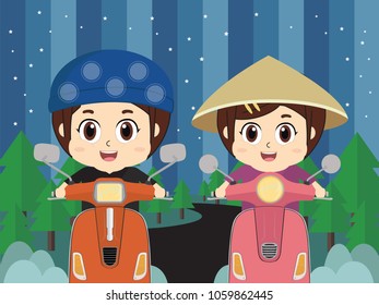 Kids riding modern scooter, vector