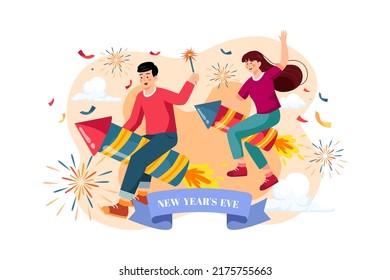 The kids riding new year's fireworks Illustration concept. Flat illustration isolated on white background