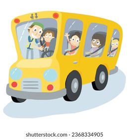 Kids riding on a school bus with a driver and seat belts. Back to school. Vector Illustration. 