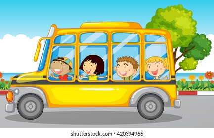 Children Riding On Yellow Bus Illustration Stock Vector (royalty Free 