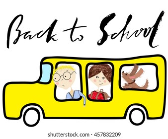 Kids riding on school bus. Handwritten lettering. Back to school.