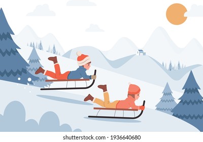 Kids riding on sleds vector flat illustration. Happy children sledding on sleds. Snowy landscape, winter forest. Boy and girl having fun, sledding downhill during winter. Winter outdoor activity.