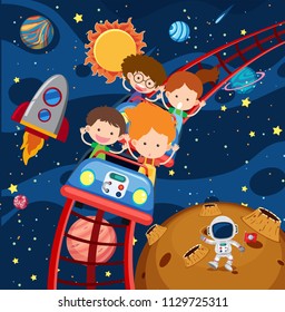 Kids riding roller coaster in space illustration