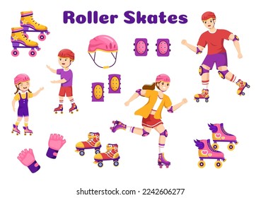 Kids Riding Roller Skates in City Park for Outdoors Activity, Sport Recreation or Weekend Leisure in Flat Cartoon Hand Drawn Templates Illustration
