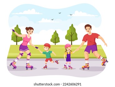 Niños montando patines en el parque de la ciudad para actividades al aire libre, recreo deportivo o ocio de fin de semana en caricatura plana Dibujando plantillas Ilustración