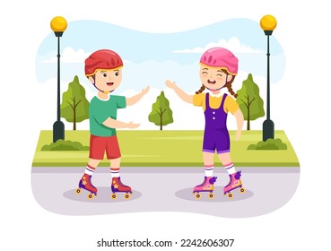 Kids Riding Roller Skates in City Park for Outdoors Activity, Sport Recreation or Weekend Leisure in Flat Cartoon Hand Drawn Templates Illustration
