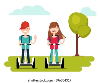 Kids riding segway and gesturing peace sign. Vector illustration of a flat design. Eps 8