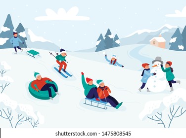 Kids riding sledding slide. Snow landscape, winter snowy fun activities. Sled speed riding or childhood holiday sledge ride game activity vector illustration