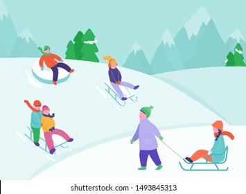 Kids riding sledding slide. Snow landscape, winter snowy fun activities. Sled speed riding or children holiday sledge ride game activity vector illustration