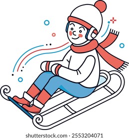 Kids riding sledding slide in winter. The boy enjoying a sleigh ride. Sled speed riding or childhood holiday sledge ride game activity vector illustration