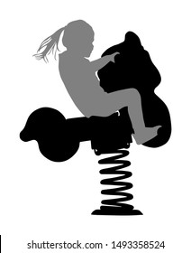 Kids Riding Toy Horse Rocking. Girl Riding A Spring Horse Ride In Park Playground Vector Silhouette Isolated. Toddler On Spring See Saw. Baby On Wooden Pony. Happy Girl With Pony Tail Swinging Seesaw