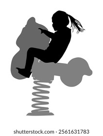 Kids riding toy horse rocking. Girl riding a spring horse ride in park playground vector silhouette isolated. Toddler on spring see saw. Baby on wooden pony. Happy girl with pony tail swinging seesaw