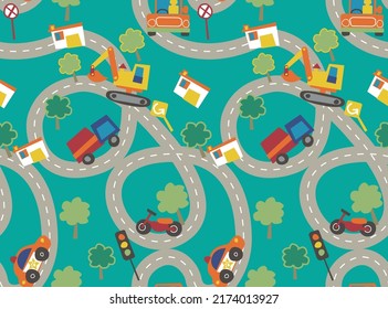 Kids road and car seamless repeat pattern