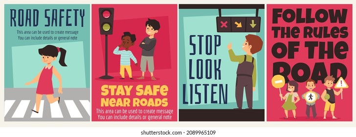 Kids with road signs learning traffic rules on crosswalk and lights, set of cartoon posters, flat vector illustration. Flyers collection for childrens education to walk safely in the city.
