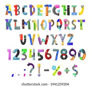 Kids robot alphabet, font or type, vector letters, digits and punctuation marks in child technology style. Cartoon abc uppercase characters made of machine or cyborg parts. Mechanical style signs set