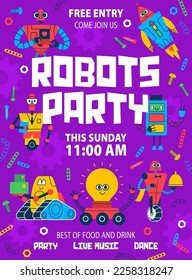 Kinderroboter-Partyflyer. Cartoon-Roboter und Droiden-Tanz auf Geburtstagsfeier Vektor-Einladung Poster. Cute vintage Roboterspielzeug, Raummaschine, Droid-Raumfahrer, Assistent-, Kellner- und Batterieteam