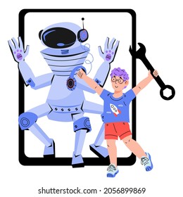Kids robotic and engineering education, programming and coding lessons emblem. Child programming robot, flat cartoon vector illustration isolated on white background.