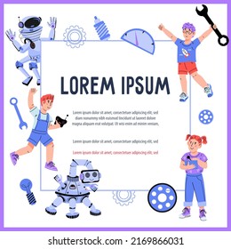Kids robotics classes banner or poster mockup, flat vector illustration. Robotics and engineering, programming education for children.
