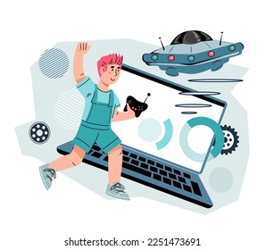 Banner de clases de robótica infantil y electrónica, ilustración vectorial de dibujos planos aislados en fondo blanco. Robótica y programación para niños. Programas educativos y actividades extracurriculares.