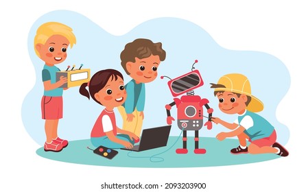 Kids robotics project. Little engineers, boys and girls programming robot, childish amateur radio club, young programmers, babies play with androids, vector cartoon flat