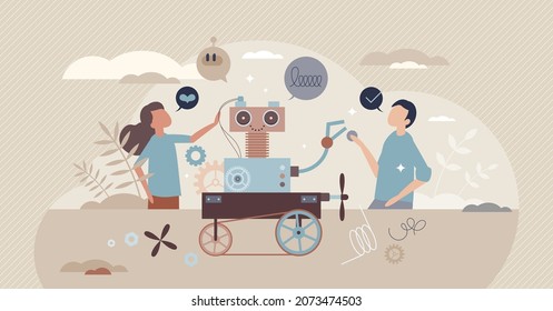 Kids robotics as scientific project learning in childhood tiny person concept. Modern children cognitive engineering with robot creation and making automated mechanical devices vector illustration.