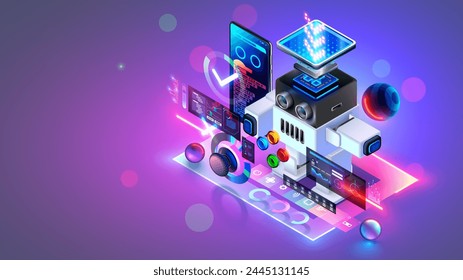 Kids robototechnics education concept. Robot with chip arduino and scratch programming for kids. Humanoid toy robot construction and coding in online school. Children AI robototechnics online courses