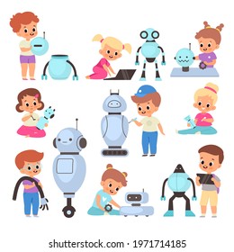 Kids with robots. Cartoon children invent mechanical toys. Happy boys and girls learn to assemble and program androids. Clever babies play with automatons. Vector pupils repair cyborgs