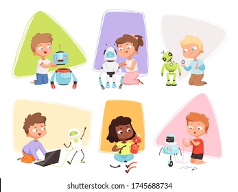 Kids and robots. Children programming coding smart toys repair research educational process future technology vector characters