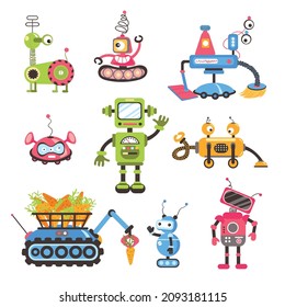 Kids robots. Funny colorful baby mechanic toys, electronic futuristic cyborgs characters, android mascots, cartoon style different childish bots, happy comic machine